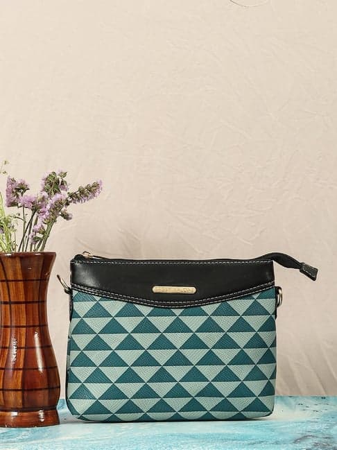Bagsy Malone Blue & Black Textured Triangle Pattern Medium Sling Handbag