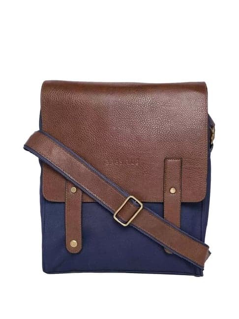 BagsRUs Blue Leather Medium Messenger Bag with Brown Detailing