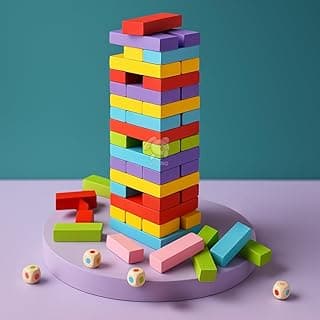 Storio Tumbling Tower Game for Kids and Adults - Wooden Stacking Game with Dice