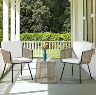 OUTAREA Braided & Rope 2 Seater Chairs and 1 Table Set - Outdoor Furniture (Cream)
