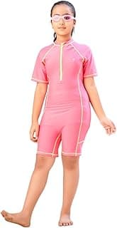 Girls' Sportswear Pink Swimsuit with Short Sleeves and Zipper