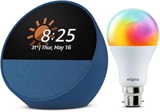 Echo Spot Smart Alarm Clock + Alexa Blue Speaker Combo with Wipro Smart Color Bulb