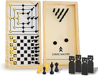 Wembley 3-in-1 Wooden Board Games: Chess, Strike Master, and Nine Men's Morris