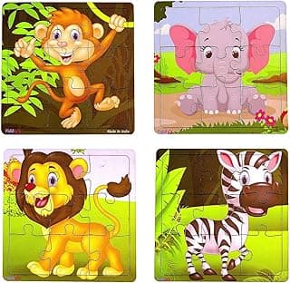 Fiddly's Wood Jigsaw Puzzles for Kids & Children - Pack of 4 Animal Puzzles